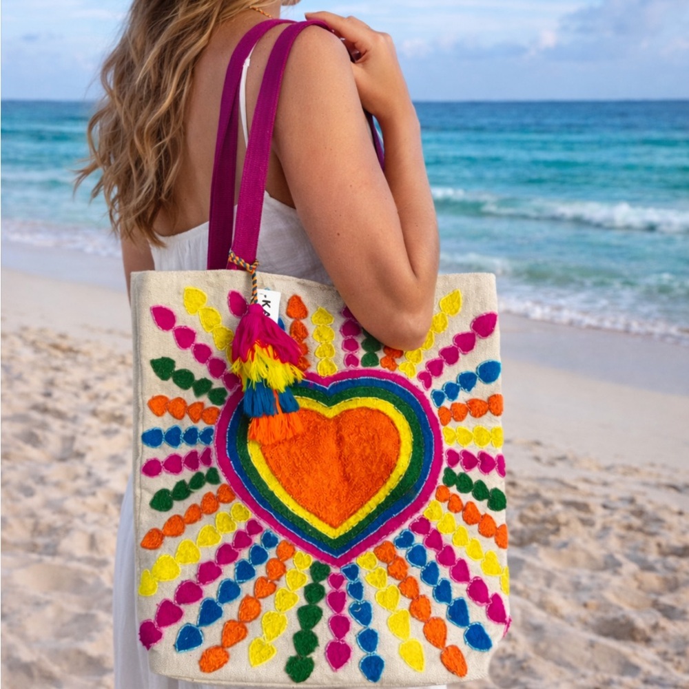 Colorful Heart Embroidered Tote Bag